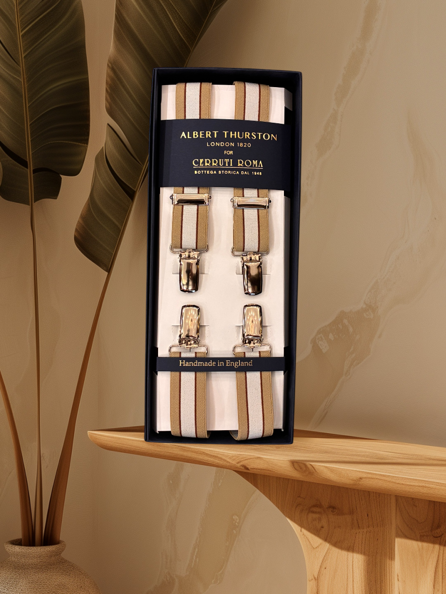 Albert Thurston Bretella Slim Beige Righe Bianca e Bordeaux