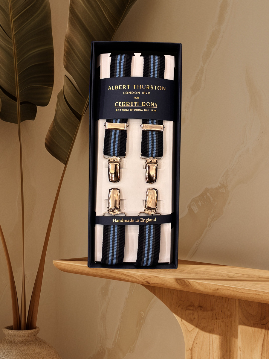 Albert Thurston Bretella Slim Nera Righe Blu e Grigio