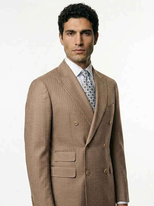 Abito Sartoriale Doppio Petto Spinato Beige Con Rever a Lancia